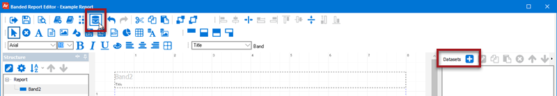 The Banded Report Editor showing the dataset pane and the plus icon for adding a dataset.